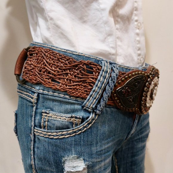 ?STUNNING?Vintage Genuine Leather and Stones Embellished Belt in Cognac Brown main image 15